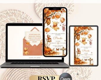 Editable Fall Winnie The Pooh Baby Shower Rsvp Website Invitation Template| Autumn Baby Shower| Little Hunny On The Way