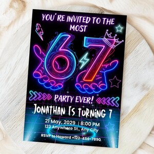 May include: A black invitation card with neon blue and pink graphics. The text reads "YOU'RE INVITED TO THE MOST 67 PARTY EVER! JONATHAN IS TURNING 7" with event details. The design includes lightning bolts, stars, and a crown.
