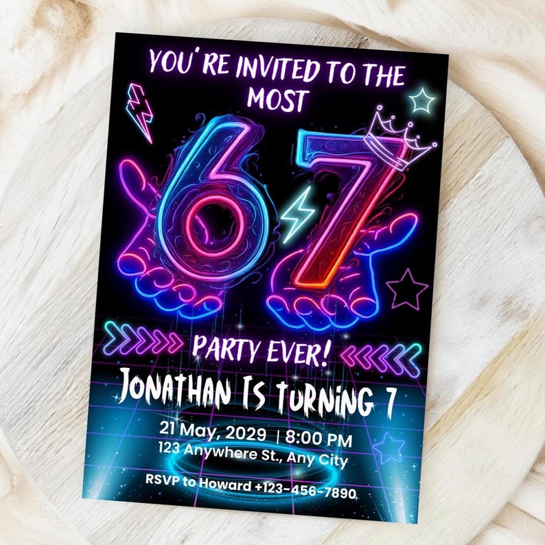 May include: A black invitation card with neon blue and pink graphics. The text reads "YOU'RE INVITED TO THE MOST 67 PARTY EVER! JONATHAN IS TURNING 7" with event details. The design includes lightning bolts, stars, and a crown.