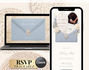 Sito web interattivo modificabile per annunciare la data del matrimonio in blu polvere / Invito di conferma presenza blu per sito web / Modello Canva