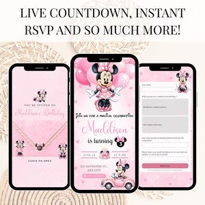 K&ouml;nnte beinhalten: Drei Smartphones zeigen eine digitale Geburtstagseinladung mit Minnie Mouse in einem rosa Design. Die Bildschirme zeigen Text wie LIVE COUNTDOWN, INSTANT RSVP AND SO MUCH MORE, YOU'RE INVITED TO Maddison's Birthday und JOIN US FOR A MAGICAL CELEBRATION.