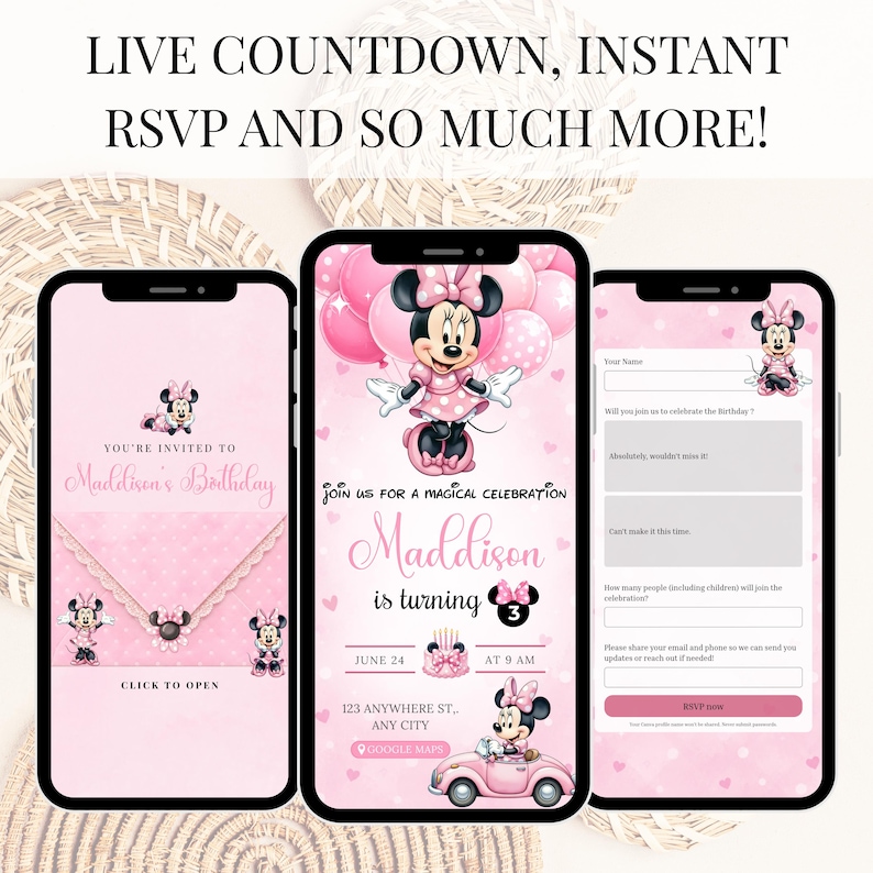 K&ouml;nnte beinhalten: Drei Smartphones zeigen eine digitale Geburtstagseinladung mit Minnie Mouse in einem rosa Design. Die Bildschirme zeigen Text wie LIVE COUNTDOWN, INSTANT RSVP AND SO MUCH MORE, YOU'RE INVITED TO Maddison's Birthday und JOIN US FOR A MAGICAL CELEBRATION.