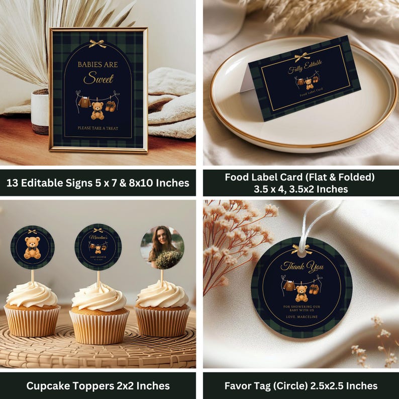 May include: A collection of baby shower decorations featuring a navy blue and green plaid design. Includes a framed sign, food label card, cupcake toppers, and favor tags. The sign reads "Babies are Sweet" and the favor tags say "Thank You".