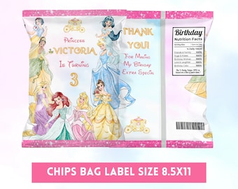 Editable Princess Chip Bag Template | Birthday Party Favors (Canva)