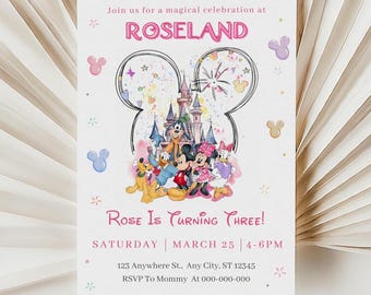 Bewerkbare Mickey Mouse-verjaardagsuitnodiging| Verjaardagsuitnodiging Mickey en vrienden| Op Disneyland geïnspireerde uitnodiging| Mickey Mouse Club-sjabloon| Canvas