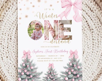 Editable Boho Winter ONEderland Invitation| Pink Bow ONEderland Invite| Holiday Birthday Party Invite| Winter First Birthday Invite| Canva