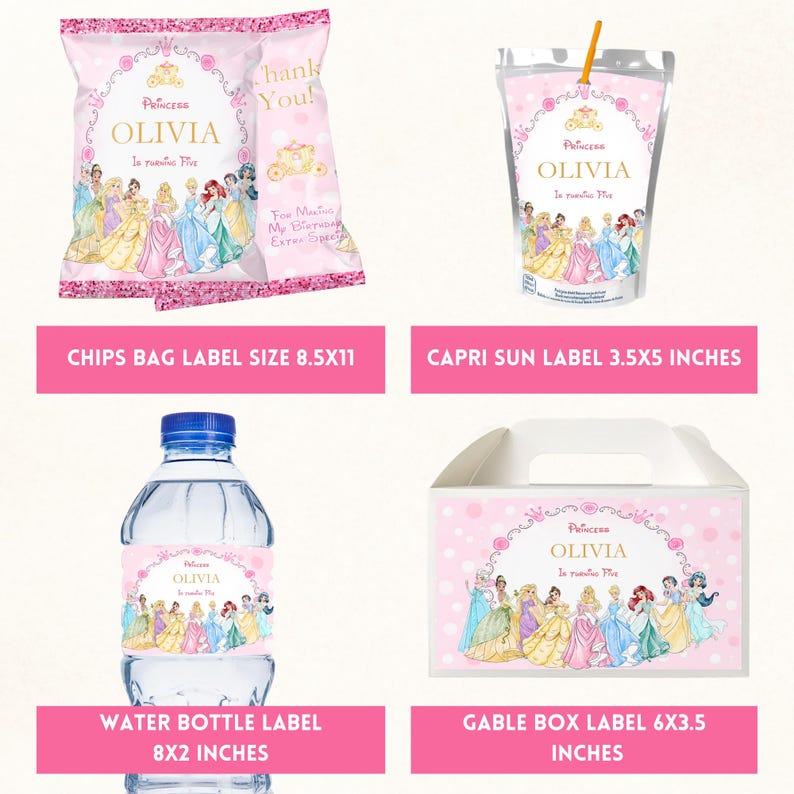 May include: Pink princess-themed party supplies featuring the name "Olivia" and various Disney princess illustrations. Includes labels for chip bags, Capri Sun pouches, water bottles, and gable boxes. The chip bag label is 8.5x11 inches.