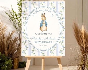 Editable Peter Rabbit Baby Shower Welcome Sign| Bunny Baby Shower Welcome Sign| Rabbit Baby Shower|  3 Sizes 18x20 20x30 24x36 inches|Canva