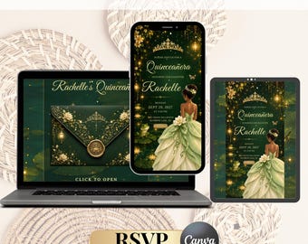 Invito interattivo modificabile per Quinceañera/Sweet 16 a tema Principessa Tiana / Modello Canva Enchanted