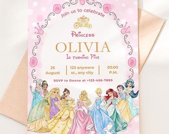 Editable Princess Birthday Invitation| Princess Birthday Template| Princess Theme Party| Princess Invite| Princess Canva Template