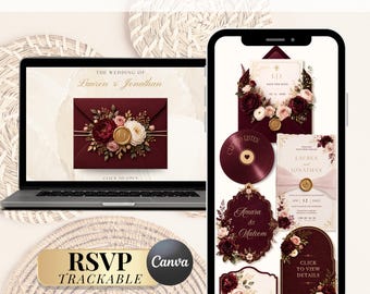 Editable Romantic Burgundy Wedding Rsvp Website Template| Luxury Canva Rsvp Website Invitation| Save The Date