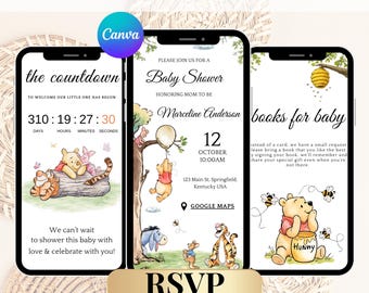 May include: Interactive website invite featuring three smartphone screens. The screens display a baby shower theme with Winnie the Pooh characters. The invite includes countdown, baby shower details, and a request for books. The Canva logo is visible.