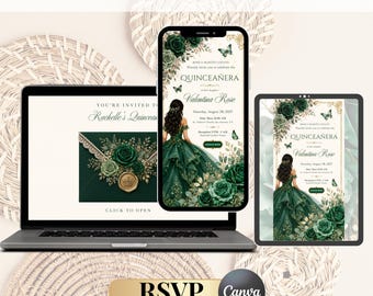 Elegante invito interattivo per Quinceañera color smeraldo con RSVP sul sito web/Modello Canva modificabile/Sito web per il sedicesimo compleanno
