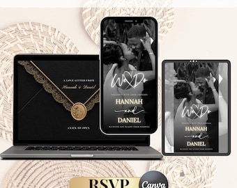 Invito di nozze di lusso nero modificabile per sito web RSVP/Modello digitale moderno per matrimoni/RSVP tracciabile
