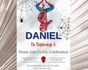 Editable Spiderman Birthday Invitation| Watercolor Spiderman Invite| Spiderman Birthday Template| Kids Birthday| Spiderman Theme| Canva