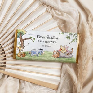 Redigerbar mall för chokladetikett till Nalle Puh-babyshower | Godispapper för Puh | 2 storlekar (13,5 x 17,5 cm + 18,5 x 14,8 cm)