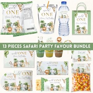 Op de afbeelding: Een verzameling safari-thema feestartikelen, waaronder tassen, waterflessen en cupcake toppers. Elk item toont de tekst "Wild One" en "Oliver's First Birthday" met illustraties van jungledieren. De bundel bevat 13 stuks.