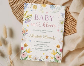 Editable Baby In Bloom Baby Shower Invitation| Floral Baby Shower Invite| Wildflowers Theme Baby Shower| Canva Template