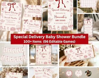 Editable Special Delivery Baby Shower Bundle| Italian Pizza Baby Shower Bundle| Hand Drawn Pizza Baby Shower Invitation & Games| Canva
