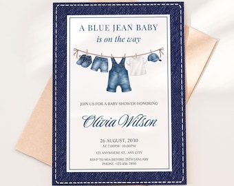 Invito per baby shower in denim modificabile / Un bebè in arrivo in denim / Invito per baby shower in denim / Modello Canva