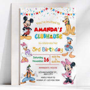 May include: A colorful birthday party invitation featuring Mickey Mouse, Minnie Mouse, Donald Duck, Daisy Duck, Goofy, and Pluto. The invitation includes the text "AMANDA'S CLUBHOUSE" and details for a 3rd birthday celebration.