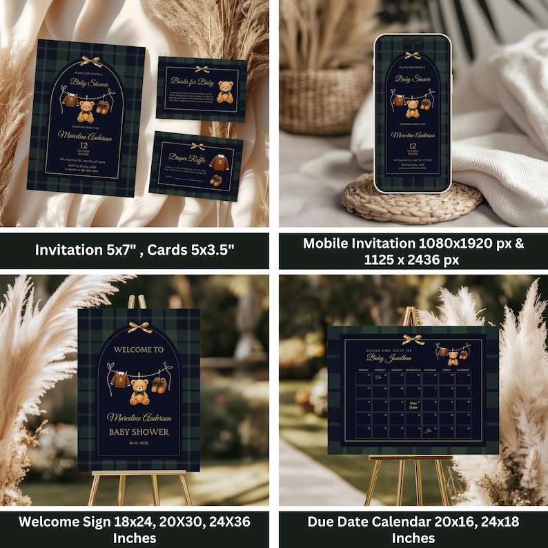 May include: A collection of baby shower stationery with a navy blue and green plaid design. The set includes invitations, cards, a mobile invitation, a welcome sign, and a due date calendar. Each item features teddy bear illustrations and gold accents.