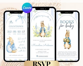 Editable Peter Rabbit RSVP Baby Shower Invite| Peter Rabbit Trackable RSVP Website| Rabbit Baby Shower| Little Bunny On The Way| Canva