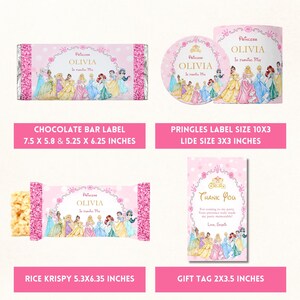 May include: Pink princess-themed party supplies, including labels for a chocolate bar (7.5 x 5.8 & 5.25 x 6.25 inches), Pringles can (10 x 3 inches), Rice Krispy treat (5.3 x 6.35 inches), and a gift tag (2 x 3.5 inches). Each features princess illustrations and the name "OLIVIA".