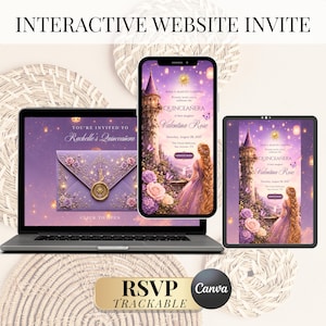 May include: An interactive website invitation for a Quinceañera displayed on a laptop, smartphone, and tablet. The digital design features a purple theme with a castle, a long-haired figure in a gown, flowers, and a gold wax seal envelope graphic.