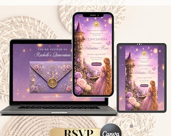 Invito interattivo modificabile per Quinceañera ispirato a Rapunzel con conferma di partecipazione tramite sito web/Invito per Quinceañera da Principessa/Modello Canva con conferma di partecipazione tracciabile