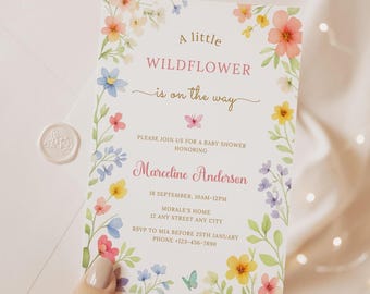 Editable A Little Wildflower Baby Shower Invitation| Wildflower on the Way Baby Shower Invitation| Baby In Bloom Shower| Canva Template