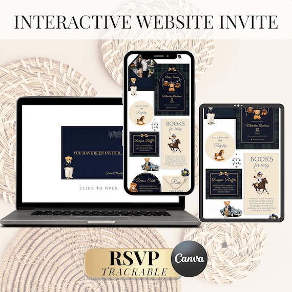 Editable Polo Teddy Bear Baby Shower RSVP Website Invite| Ralph Lauren inspired Baby Shower Invitation| Plaid Baby Shower| Canva