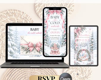 Editable Baby It's Cold Outside Baby Shower Rsvp Website Invitation| Winter wonderland Baby Shower Invite| Canva