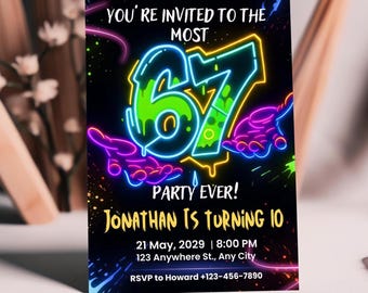 Editable Six Seven Birthday Party Invitation| 6 7 Meme| 6-7 Birthday Invite| 6-7 Neon Birthday Invitation| 6-7 Brain rot Invite| Canva