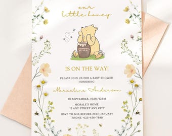 Baby shower Winnie the Pooh modificabile/Baby shower floreale con Pooh/Baby shower classico con Winnie the Pooh/Baby shower neutro con Pooh/Canva