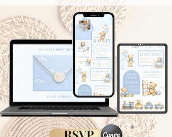 Invito modificabile per sito web RSVP Baby Shower a tema orsetto / Invito per sito web "Non vediamo l'ora" / Modello Canva per neonato
