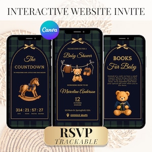 May include: Three smartphone screens displaying a baby shower invitation. The design features a navy blue background with gold accents, a rocking horse, teddy bears, and the text "Baby Shower". The invitation includes the text "RSVP Trackable".