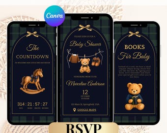 May include: Three smartphone screens displaying a baby shower invitation. The design features a navy blue background with gold accents, a rocking horse, teddy bears, and the text "Baby Shower". The invitation includes the text "RSVP Trackable".