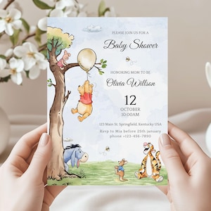 May include: A baby shower invitation featuring Winnie the Pooh characters. The invitation includes the text "Baby Shower" and details for Olivia Willson's shower on October 12th. The design includes illustrations of Pooh, Piglet, Eeyore, Tigger, and Roo.