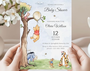 Editable Winnie the Pooh Baby Shower Invitation| Winnie the Pooh Baby Shower Invite| Gender Neutral Invitation| Baby Shower Template| Canva
