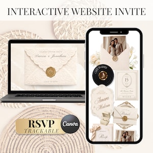 Invitación web editable para confirmación de asistencia a bodas románticas en color marfil / Plantilla web de lujo para bodas de la vieja aristocracia / Guardar la fecha