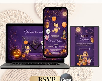 Halloween Winnie the Pooh Baby Shower Website Invite | Canva Template (Digital Download)