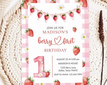 Invito per il primo compleanno a tema Berry / Motivo a quadretti rosa e fragole (download digitale)
