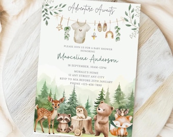 Editable Woodland Animals Baby Shower Invite| Watercolor Woodland Animal Invitation| Adventure Awaits| Woodland Baby Shower| Canva Invite