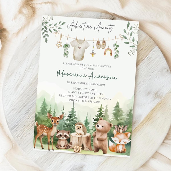Invitación editable para baby shower con animales del bosque / Invitación con animales del bosque en acuarela / ¡Te espera la aventura! / Baby shower con animales del bosque / Invitación de Canva
