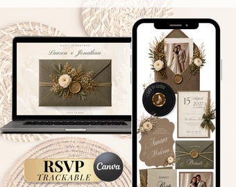 Invito modificabile per sito web di conferma presenza per matrimonio rustico di lusso / Modello di sito web per matrimonio boho / Matrimonio con fiori secchi