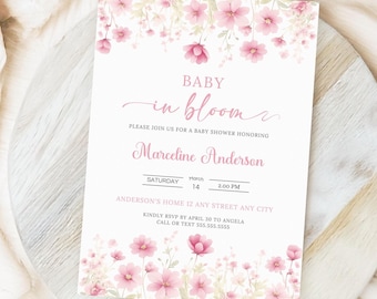 Editable Baby In Bloom Baby Shower Invite| Blush Pink Baby Shower Invitation| Spring Flowers Invite| Pink Blossom Baby Shower Invite| Canva
