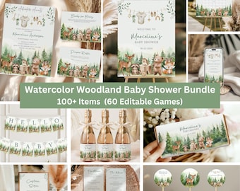 Editable Watercolor Woodland Baby Shower Bundle| Woodland Animals Baby Shower Bundle| Boho Baby Shower Bundle| Woodland Animals| Canva