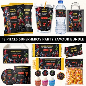 Puede incluir: Un lote de 13 piezas de recuerdos de fiesta con temática de superhéroes. Incluye bolsas, vasos, botellas de agua y caramelos, todos con gráficos de superhéroes y el texto "Daniel cumple 7 años". El set está diseñado para una fiesta de cumpleaños.