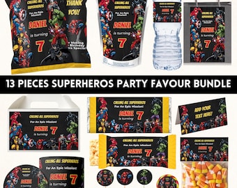 Editable 13 Pieces Superhero Birthday Party Favour Bundle| Superheros Party Favours| Avengers Birthday Party| Superhero Chips bag| Canva